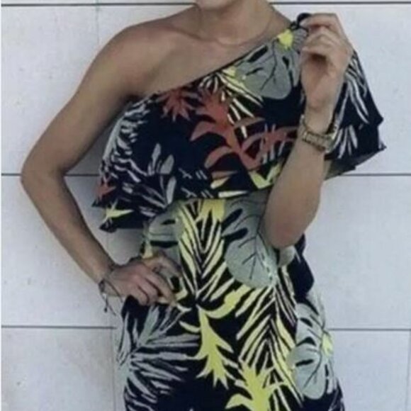 Zara Off the Shoulder Tropical Mini Metallic Dress - Picture 1 of 6